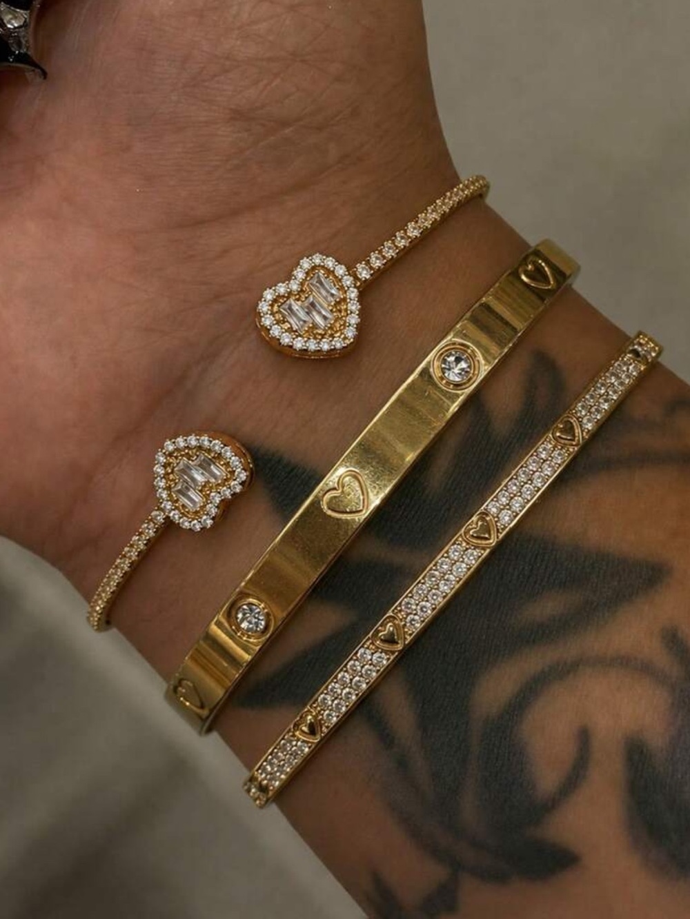 Gold Heart CZ Bracelet Stack - Women's Gold Bracelet Set